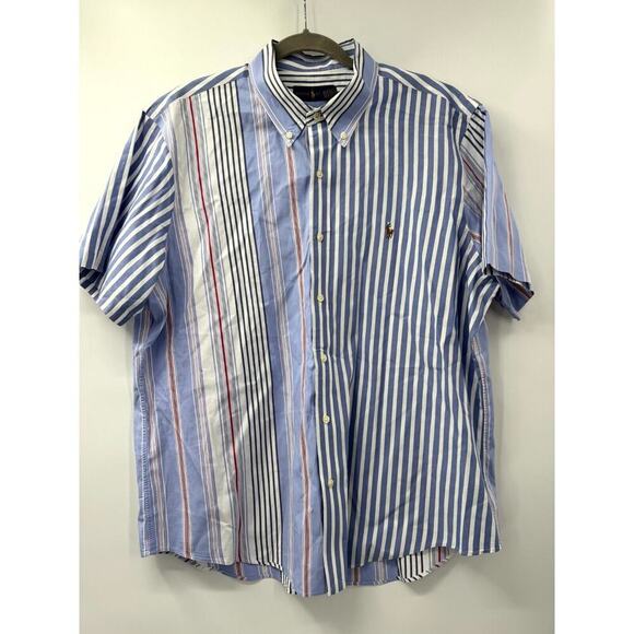 Ralph Lauren Shirt Men's‎ XL White Blue Striped Cotton Short Sleeve Button-Down - Picture 1 of 7